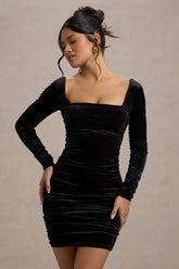 muse | black velvet long sleeve square neck ruched mini dress