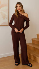 Harini Off Shoulder Long Sleeve Top and Pants Set - Chocolate