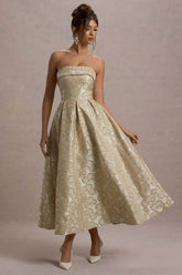 zuma | gold metallic jacquard strapless midi dress