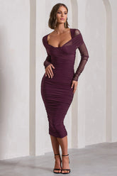 between the lines | plum ruched mesh long-sleeved bodycon midi dress