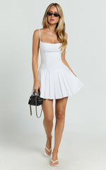 Scoop Neck Drop Waist Pleated Dress in White