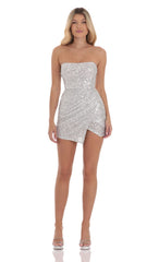 Strapless Knit Sequin Dress in Silver