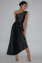 brooklynn one-shoulder accordion pleat dress black