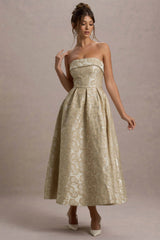 zuma | gold metallic jacquard strapless midi dress