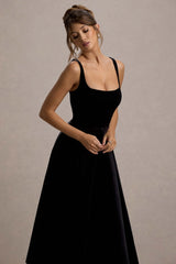 francisca | black velvet strappy volume-hem midi dress