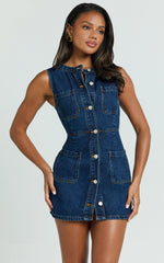 Scoop Neck Pocket Detail Recycled Denim Dress in Indigo Wash
