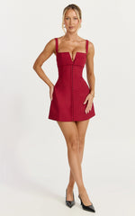 Plunge V Neck A Line Dress in Cherry Red