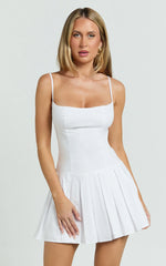 Scoop Neck Drop Waist Pleated Dress in White