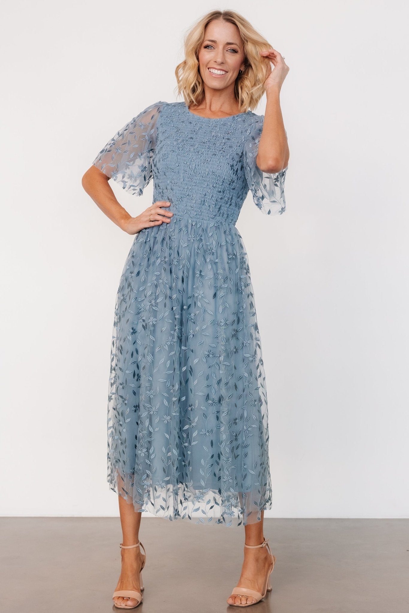 kendra embroidered dress | dusty blue