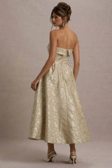 zuma | gold metallic jacquard strapless midi dress