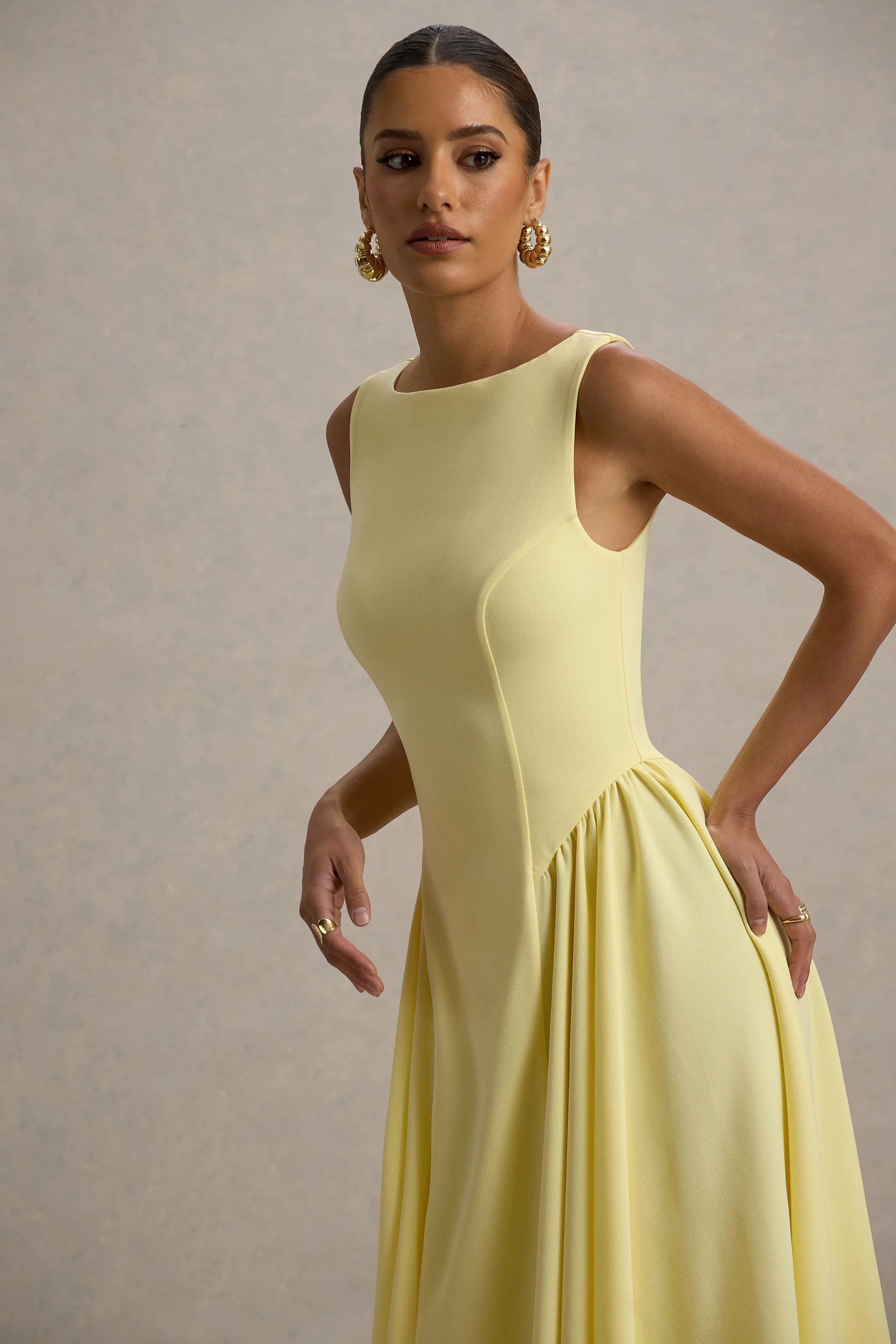 muriel | lemon boat-neck volume-hem midi dress