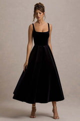 francisca | black velvet strappy volume-hem midi dress