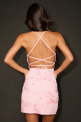 Alisia Pink Sequin Beaded Lace-Up Mini Dress