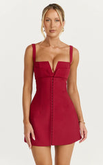 Plunge V Neck A Line Dress in Cherry Red