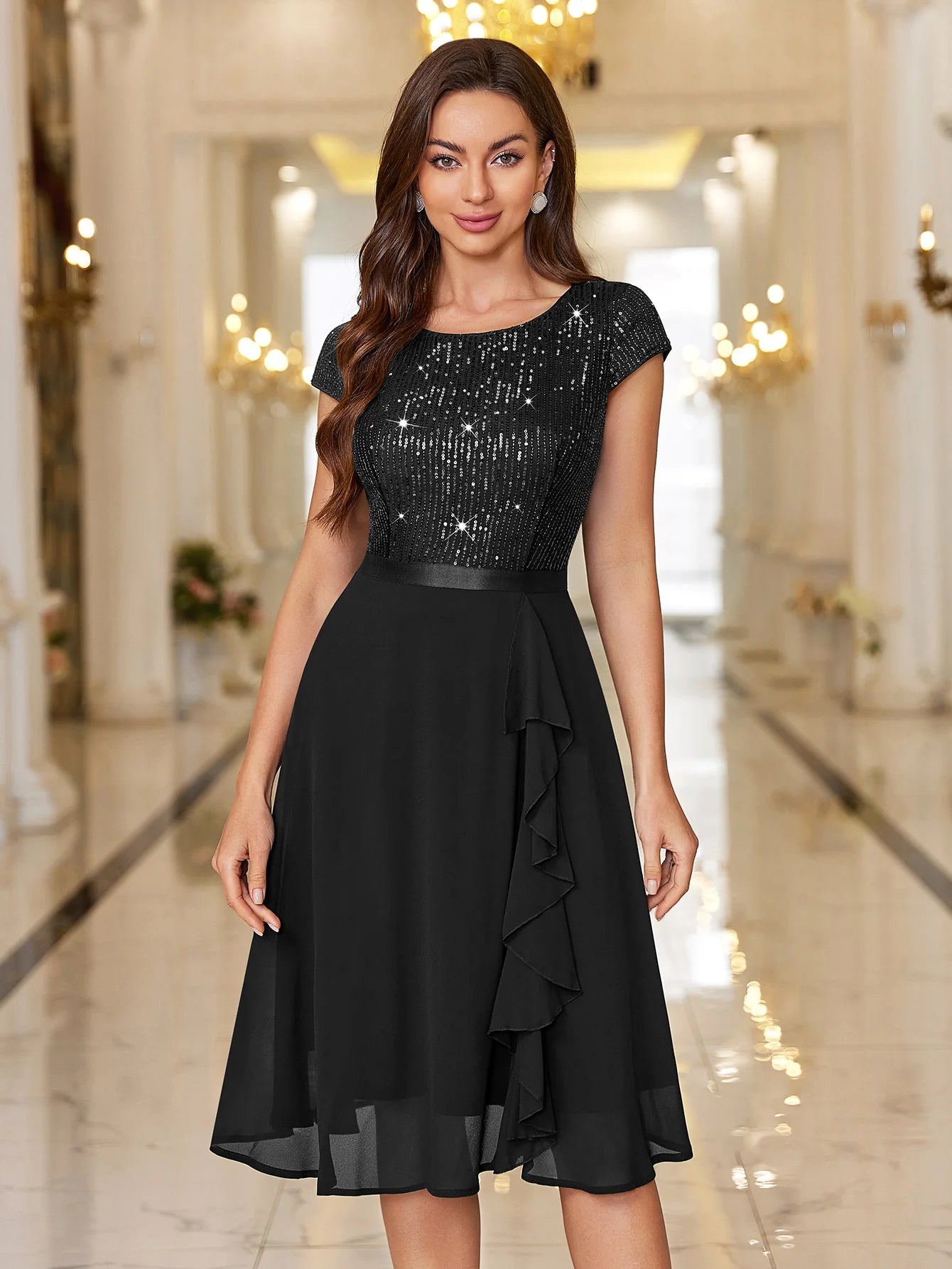 Sequin Lace Ruffle Trim Chiffon Cocktail Party Swing Dress for Weddings, Proms & Formal Events
