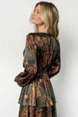 montrouge tiered satin dress | olive floral