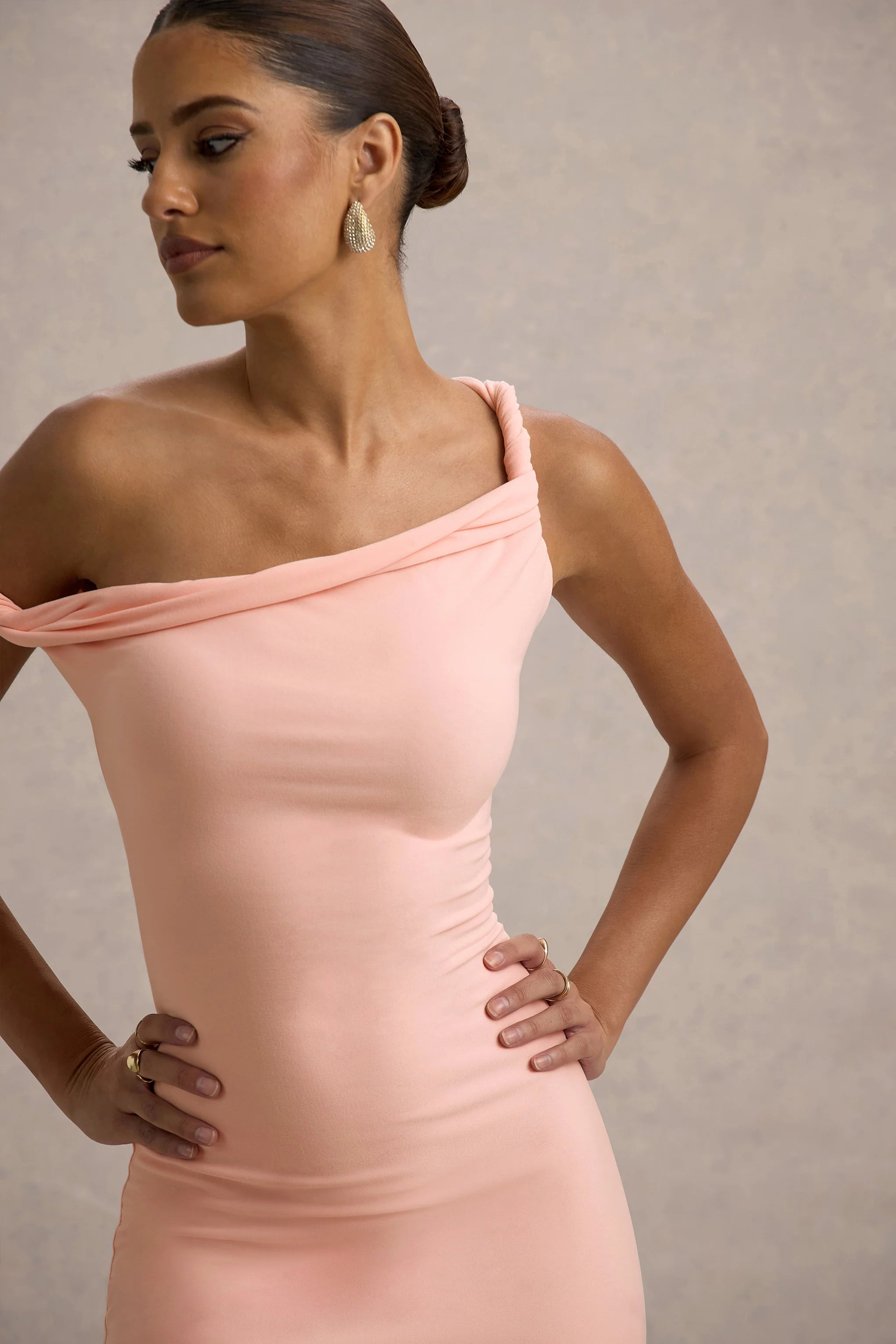 salome | pink twisted asymmetric midi dress