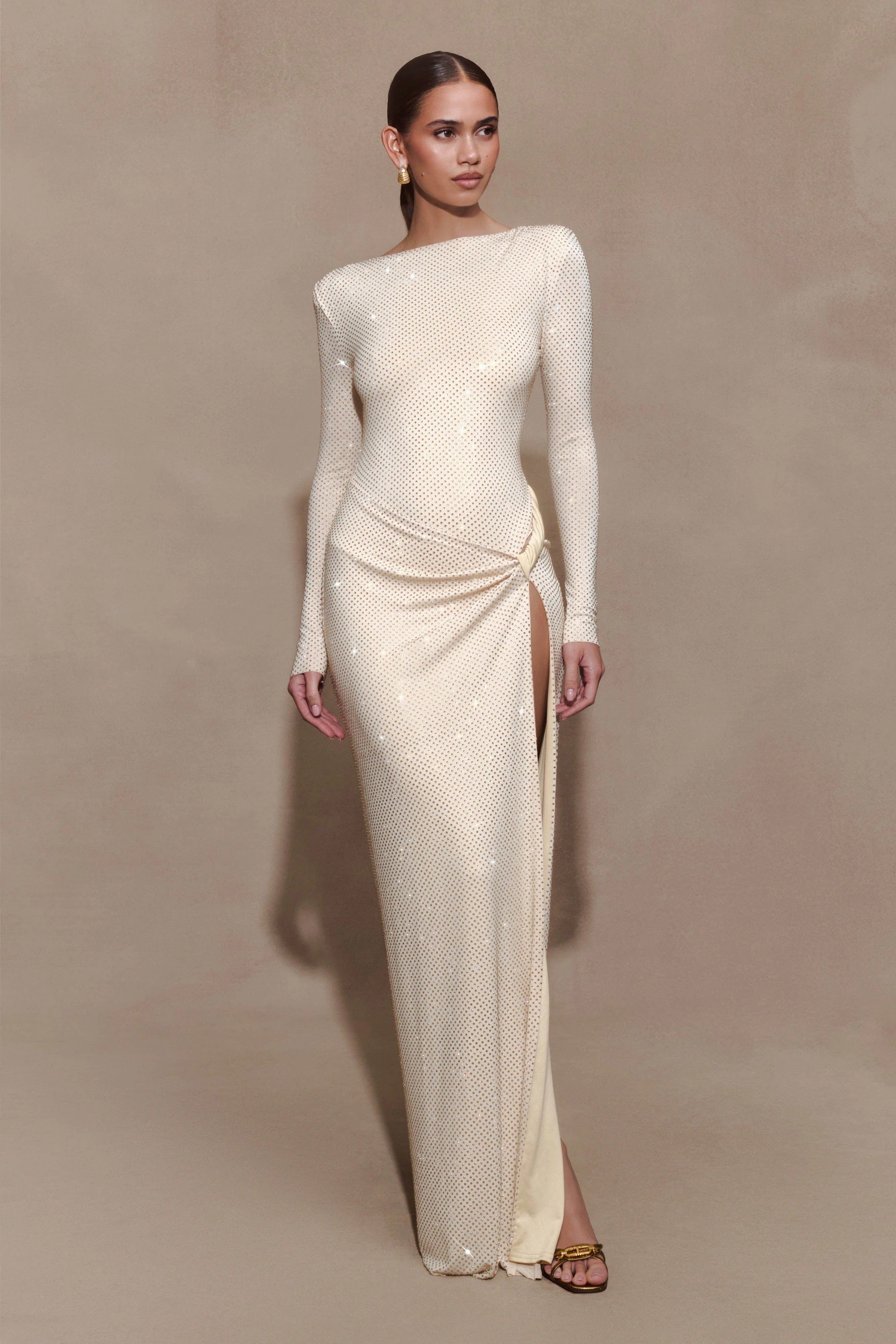 Deanna Long Sleeve Diamante Maxi Dress - Gold