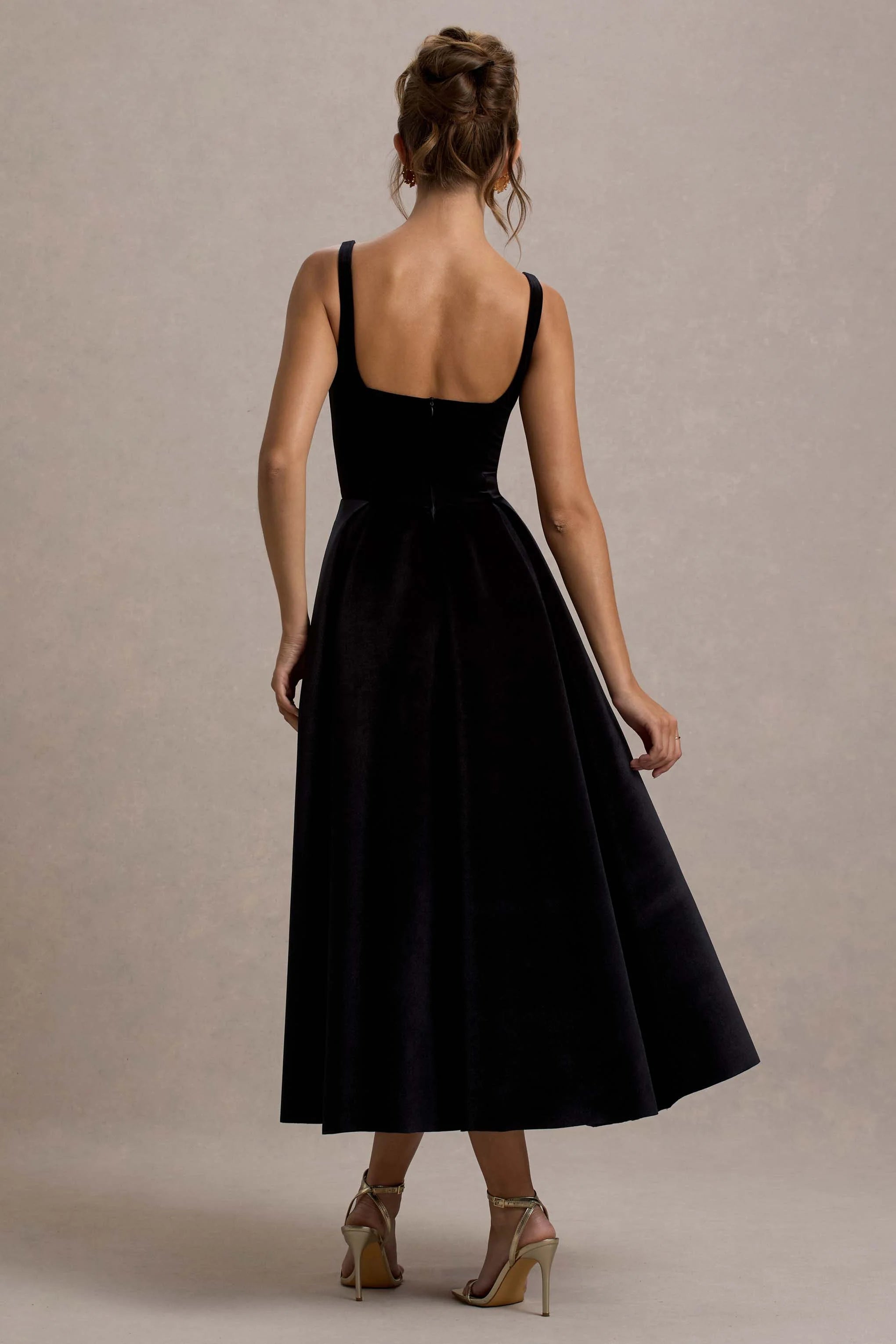 francisca | black velvet strappy volume-hem midi dress