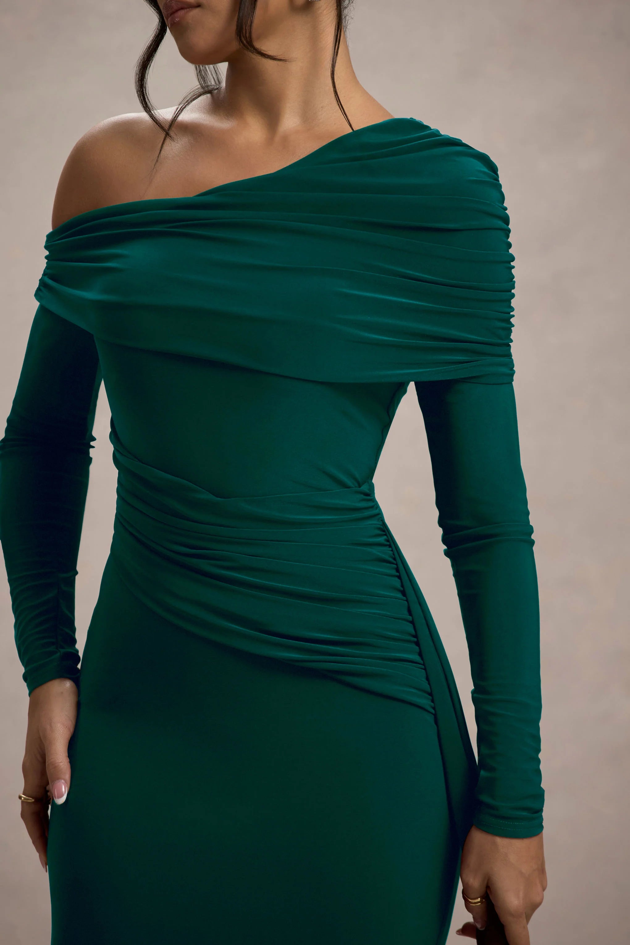 valina | green ruched asymmetric maxi dress with drape