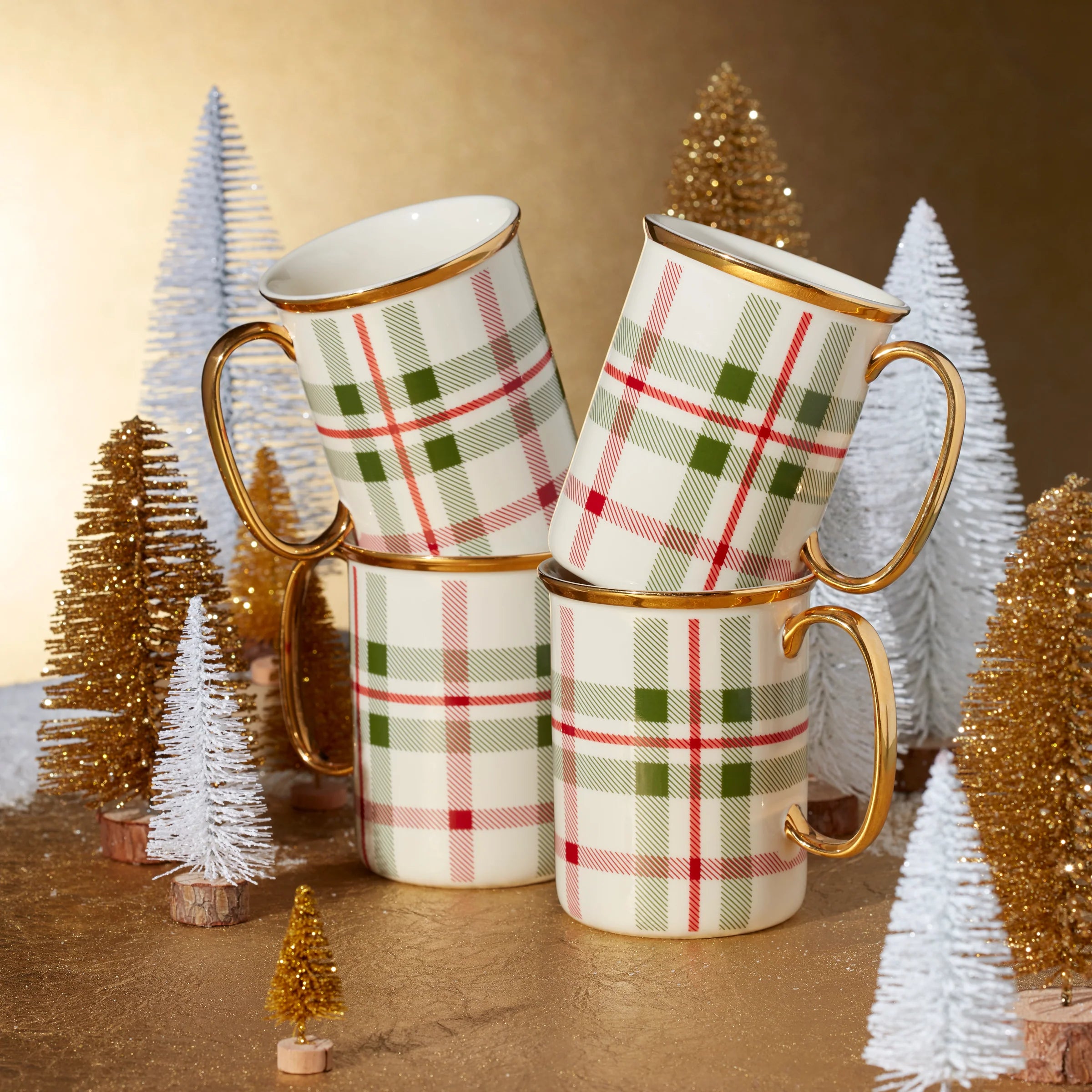 holiday plaid mugs, set of 4