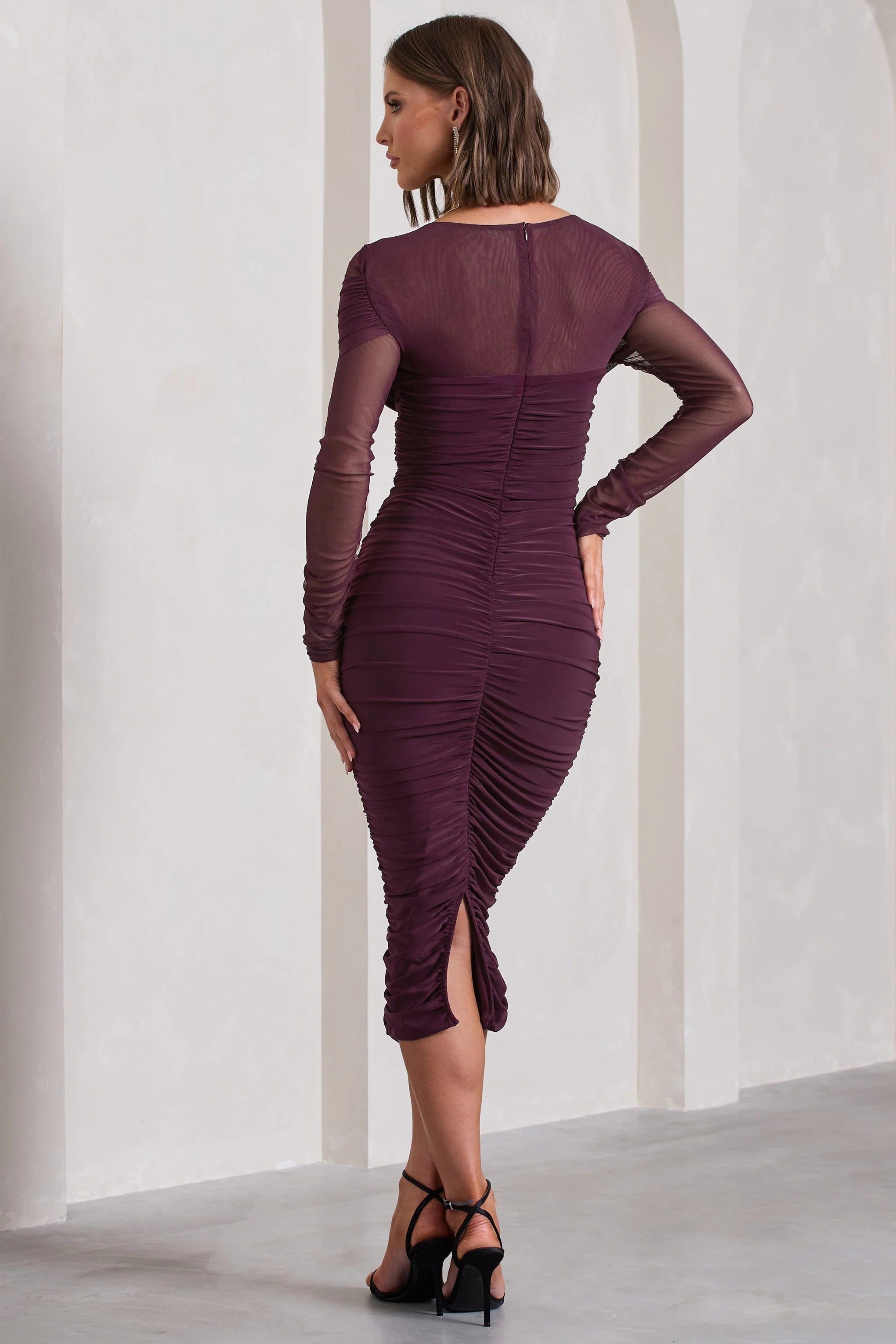 between the lines | plum ruched mesh long-sleeved bodycon midi dress