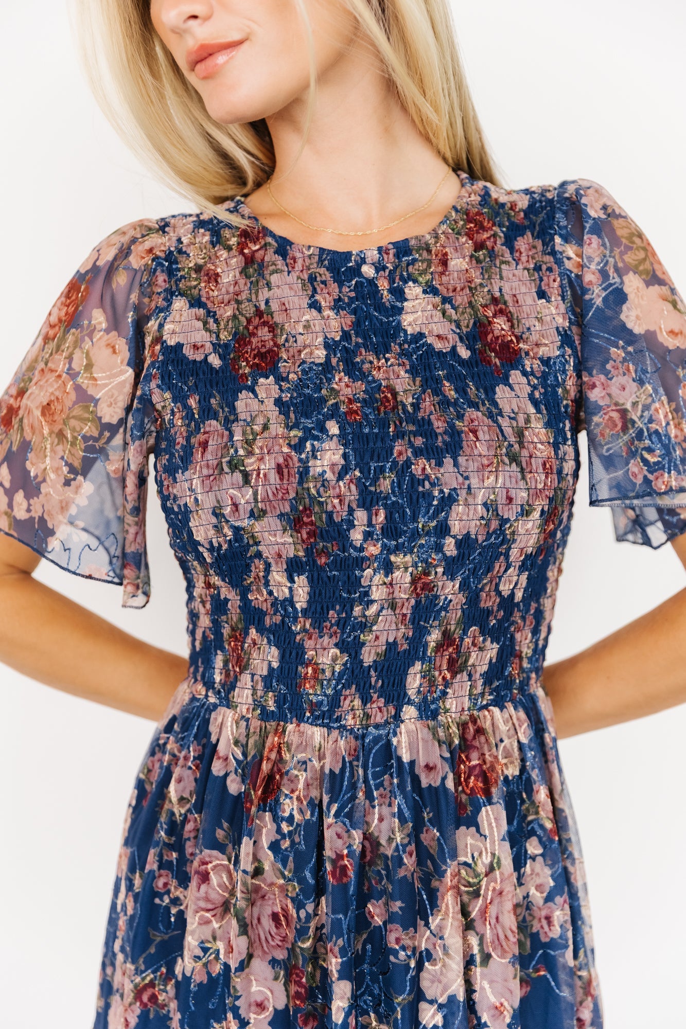 mara embroidered tulle dress | dark blue multi floral