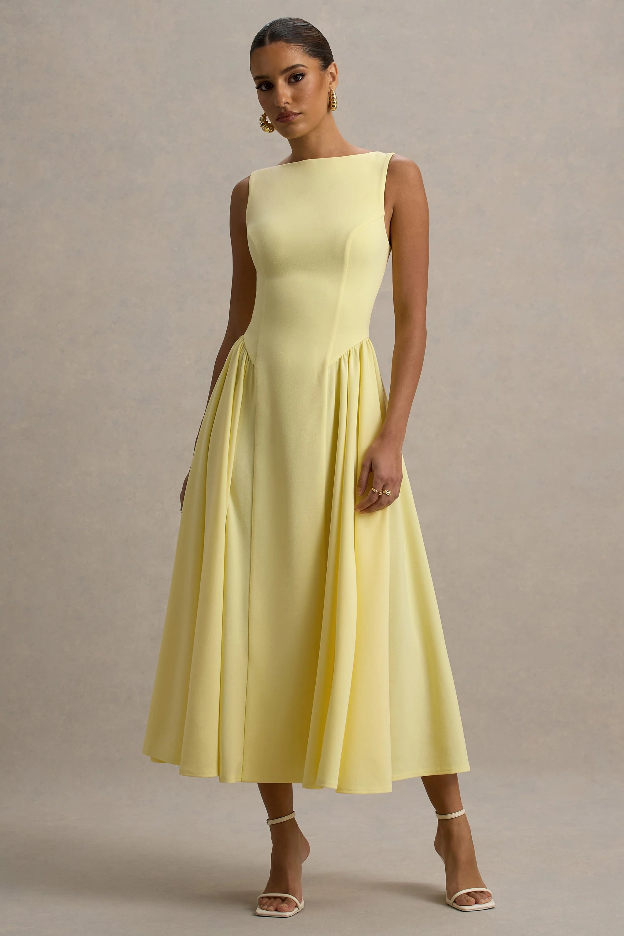 muriel | lemon boat-neck volume-hem midi dress
