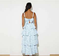 Lake Blue Printed Backless Maxi Dress – Elegant Vacation & Party Gown