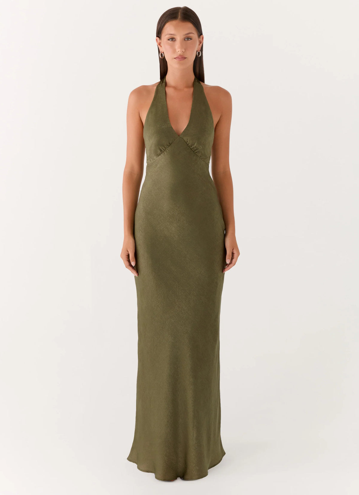 Heavy Hearted Satin Maxi Dress - Khaki