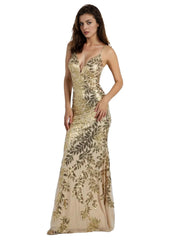 Gold 1920s Leaves Sequined Mesh Fishtail Dress
