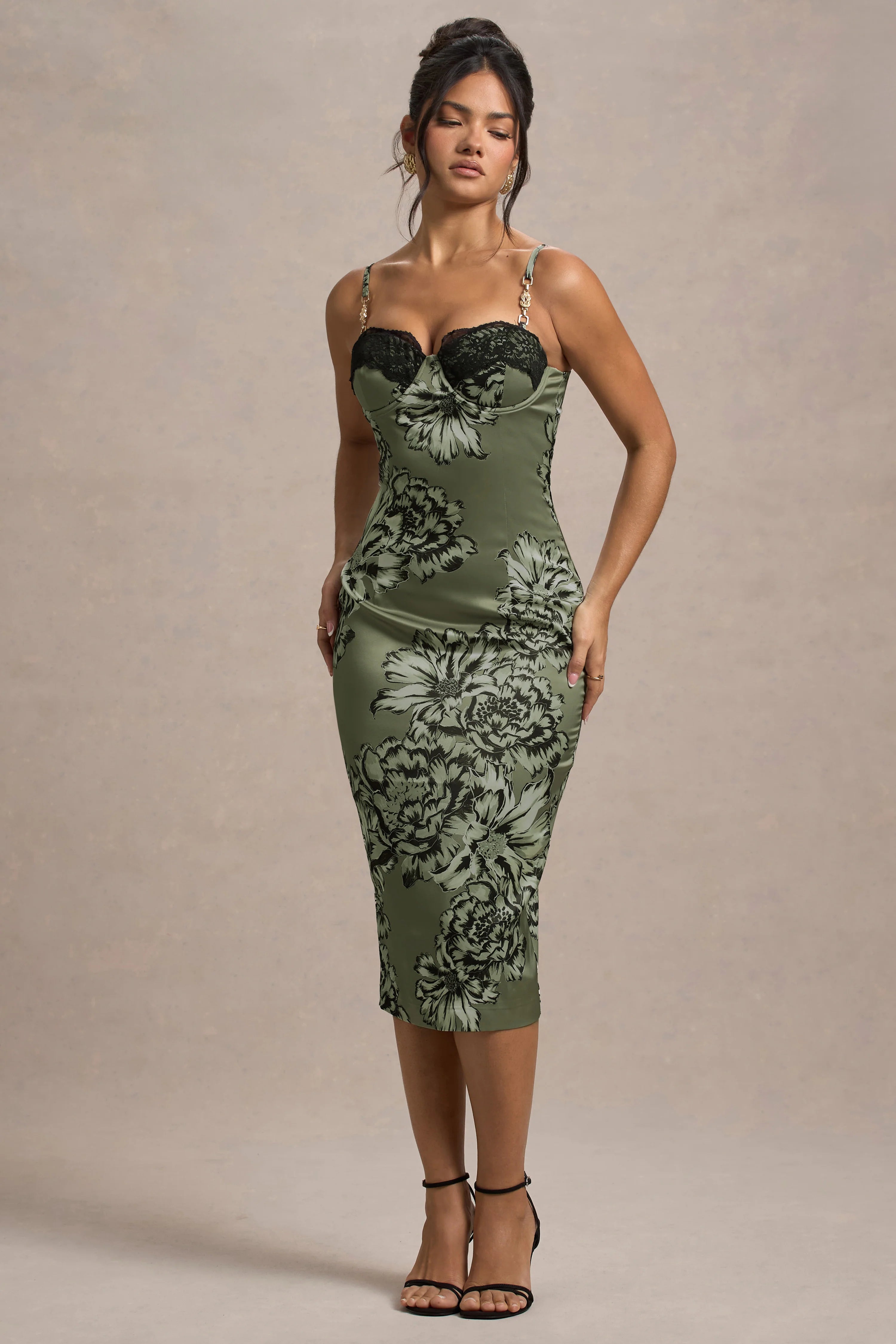 soprano | olive floral print satin sweetheart lace trim midi dress