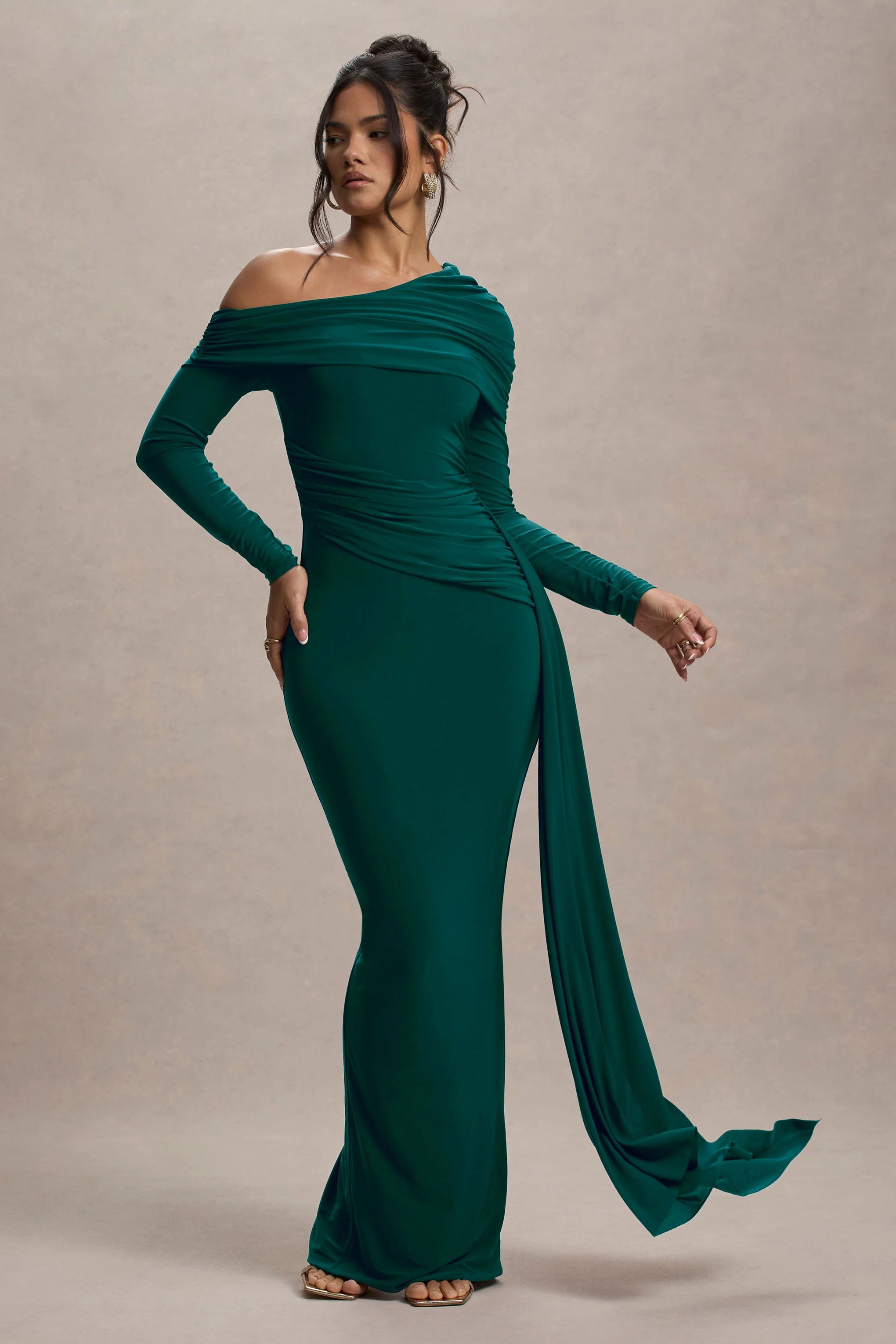 valina | green ruched asymmetric maxi dress with drape