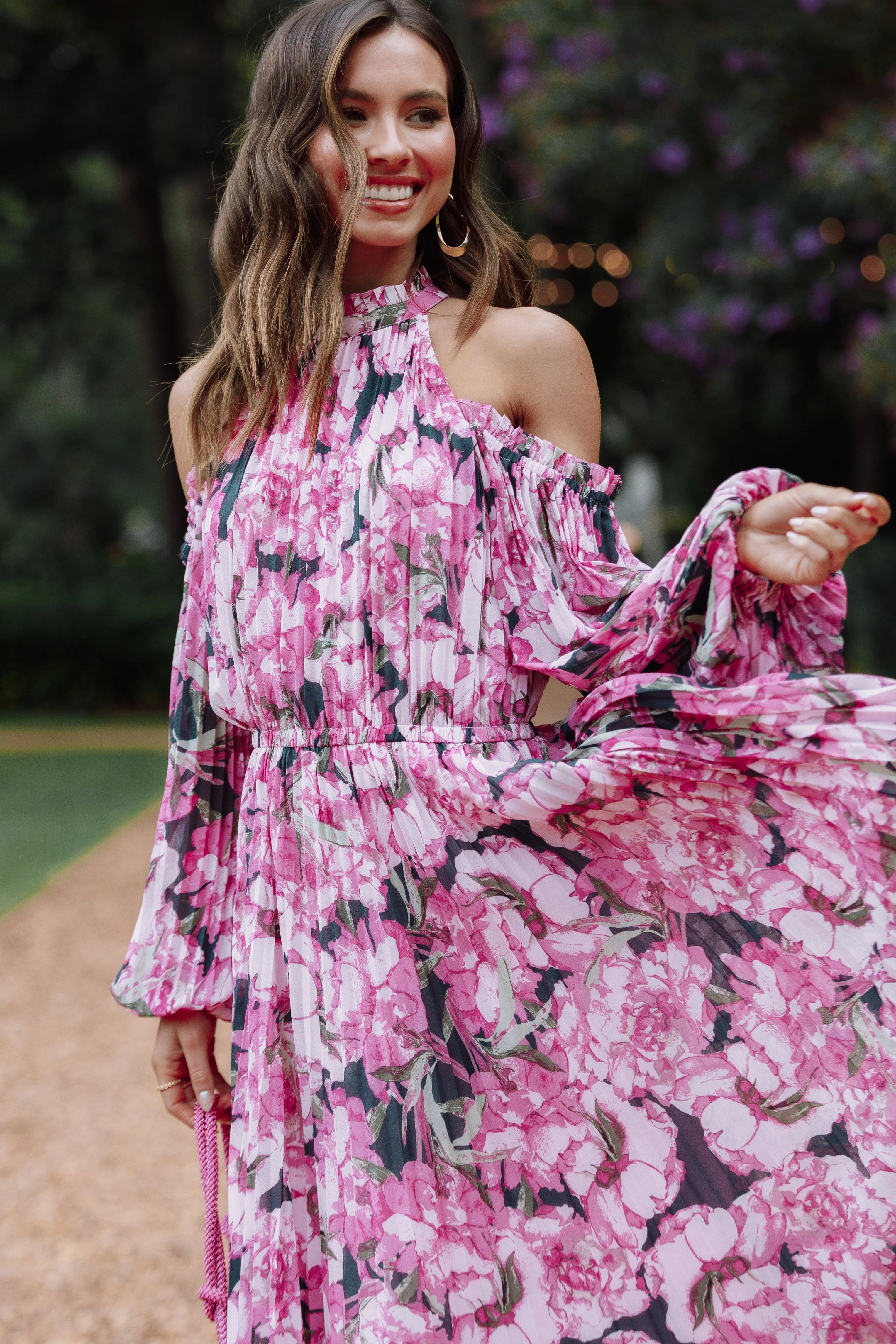 hilary pleated maxi dress - pink floral