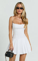 Scoop Neck Drop Waist Pleated Dress in White