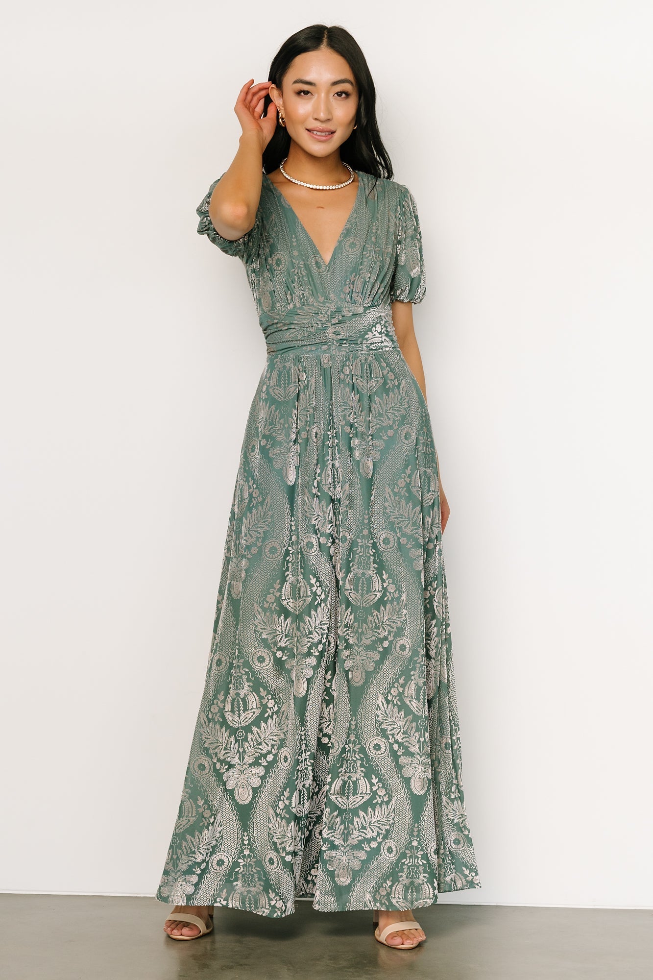 leslie velvet maxi dress | sage + silver