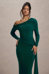 valina | green ruched asymmetric maxi dress with drape