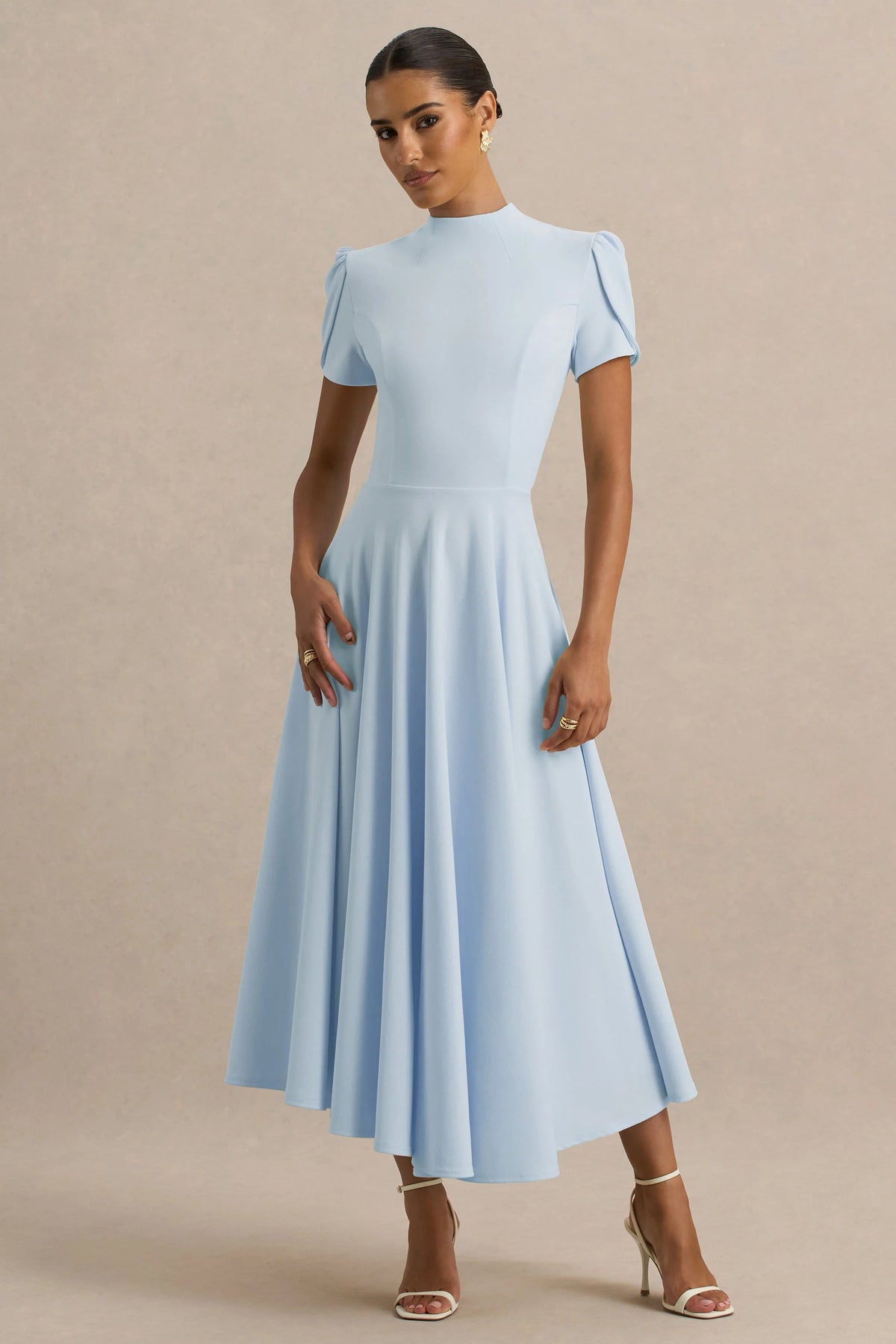 vicky | powder blue high neck midi dress with puff sleeves