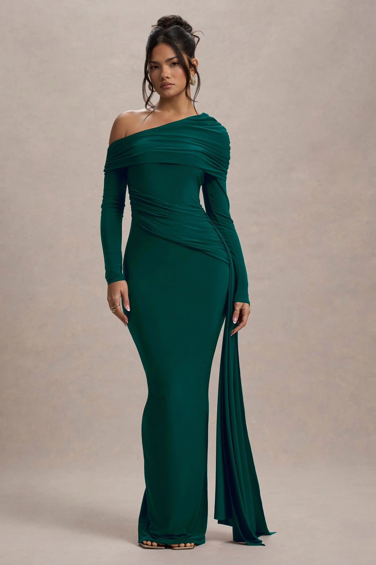 valina | green ruched asymmetric maxi dress with drape