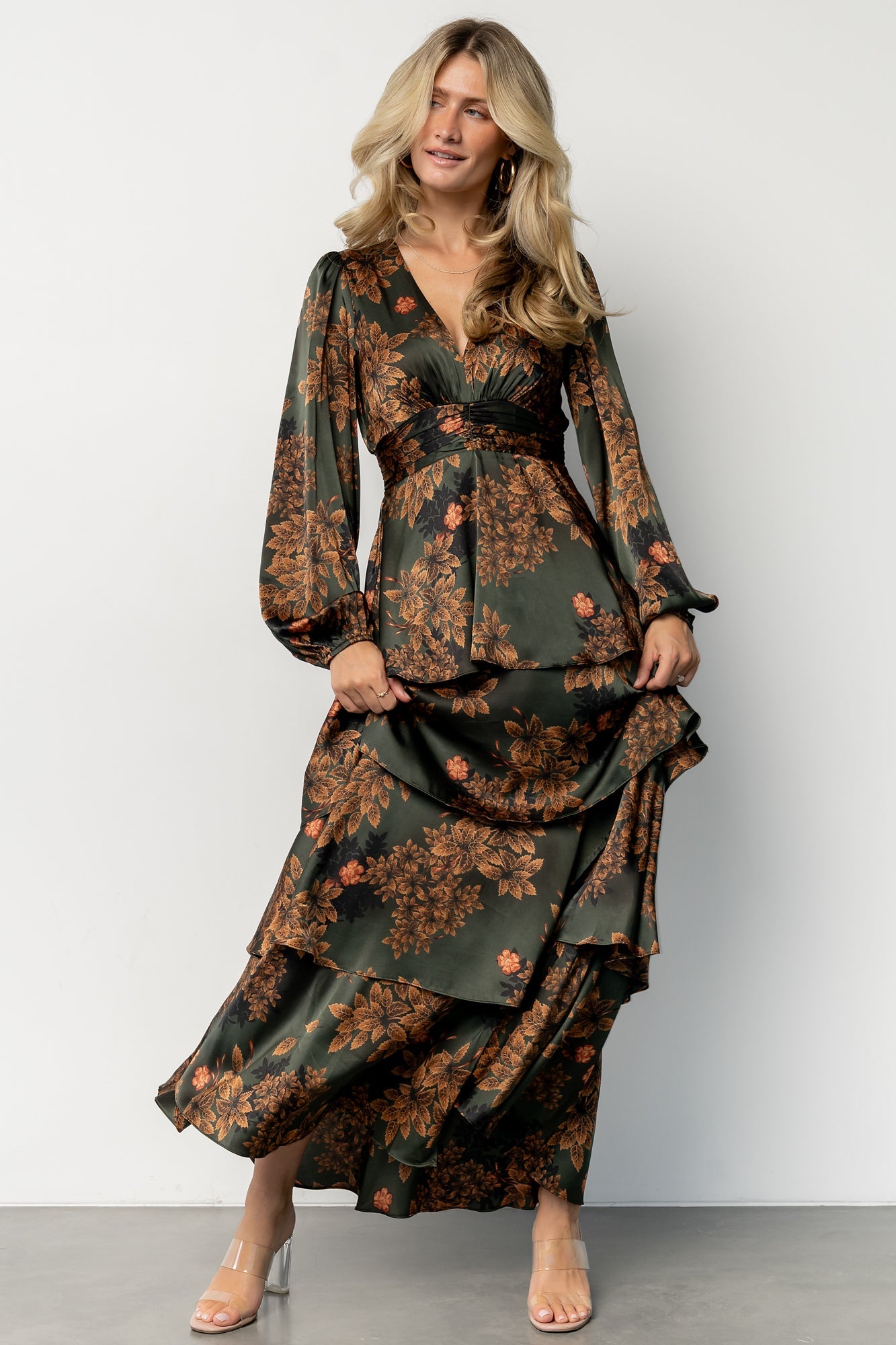 montrouge tiered satin dress | olive floral