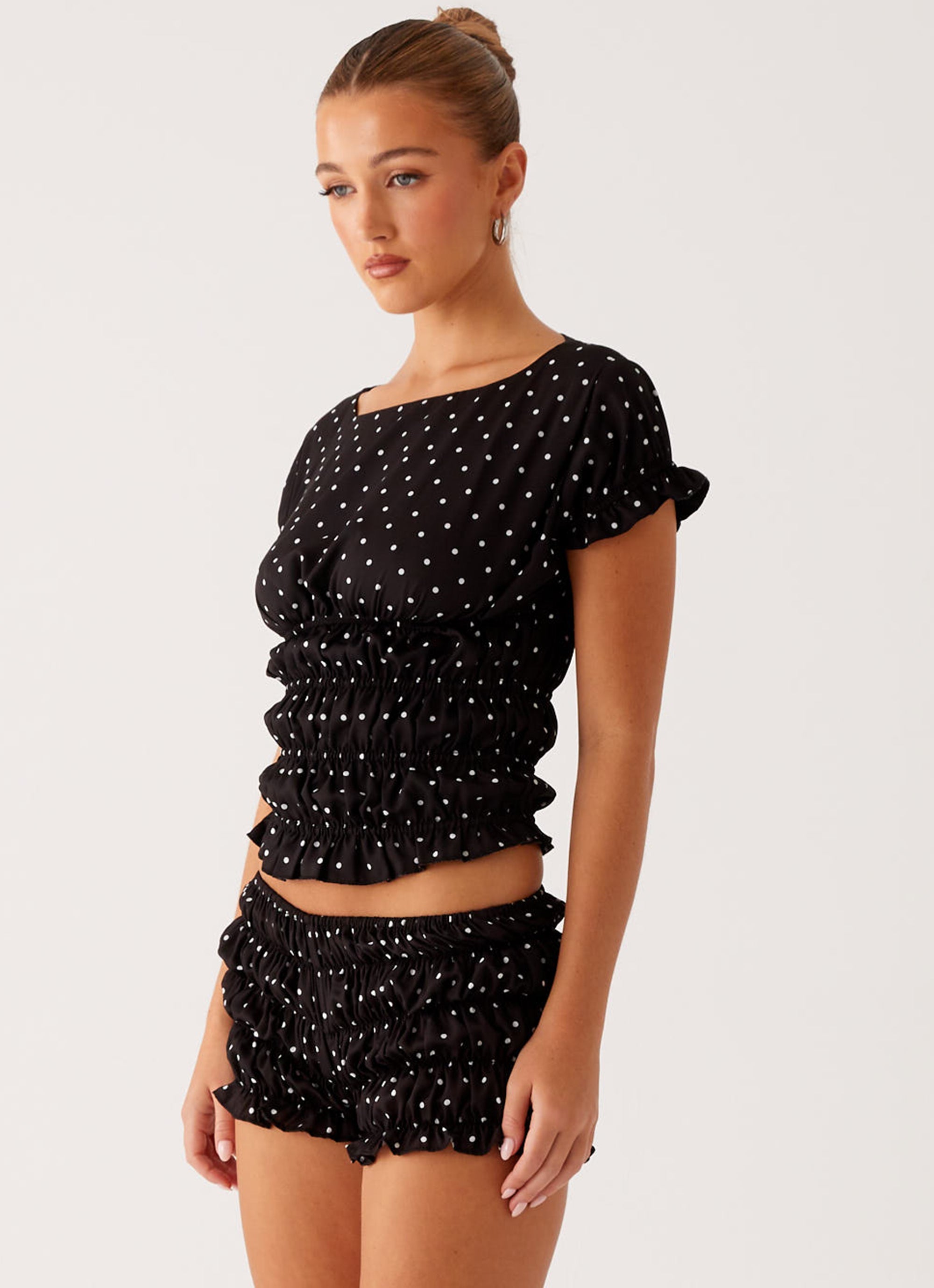 Natalia Ruched Top - Black Polka Dot
