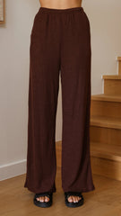 Harini Off Shoulder Long Sleeve Top and Pants Set - Chocolate