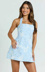 Gabbie Mini Dress Jacquard Halter Fit And Flare Dress in Blue