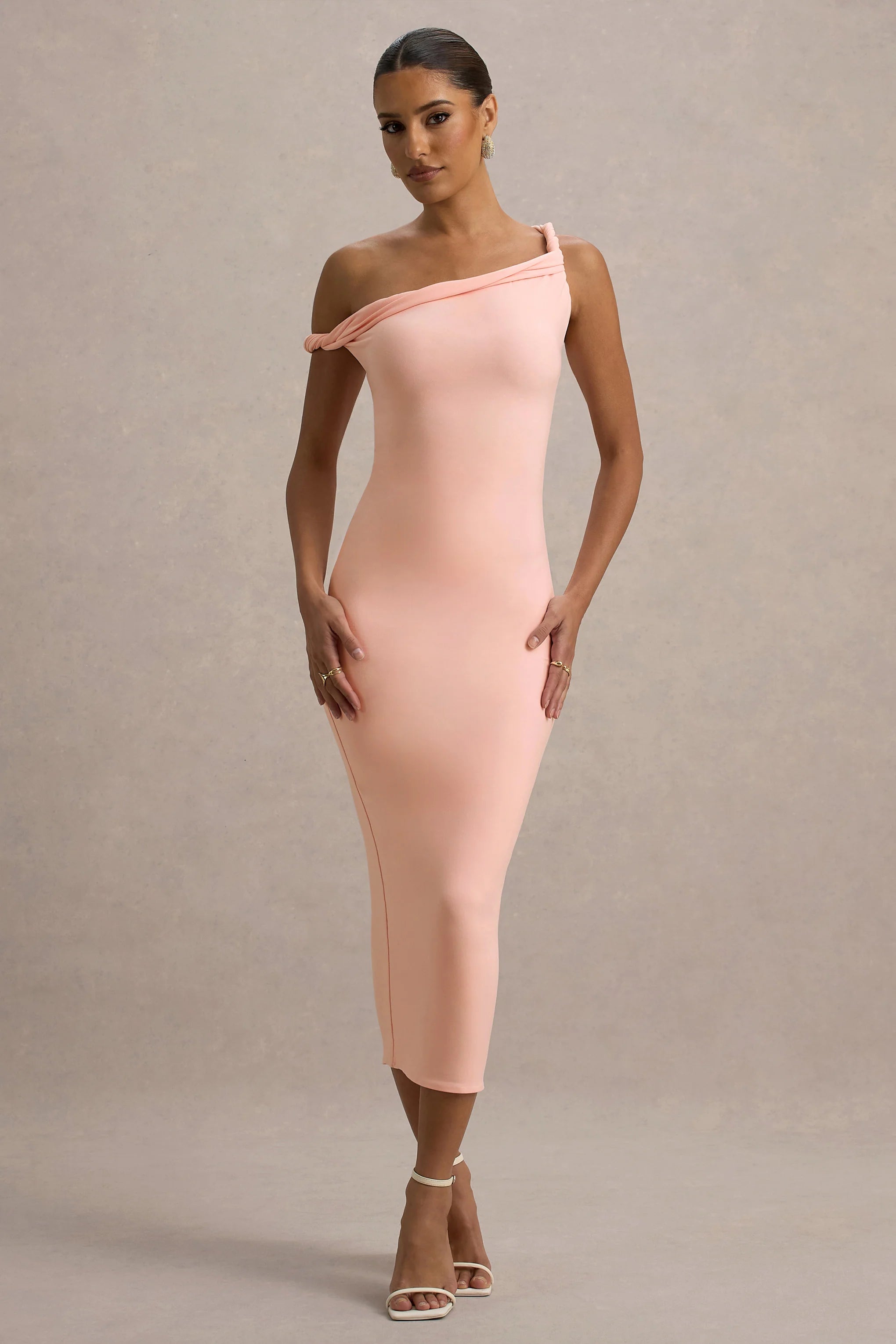 salome | pink twisted asymmetric midi dress
