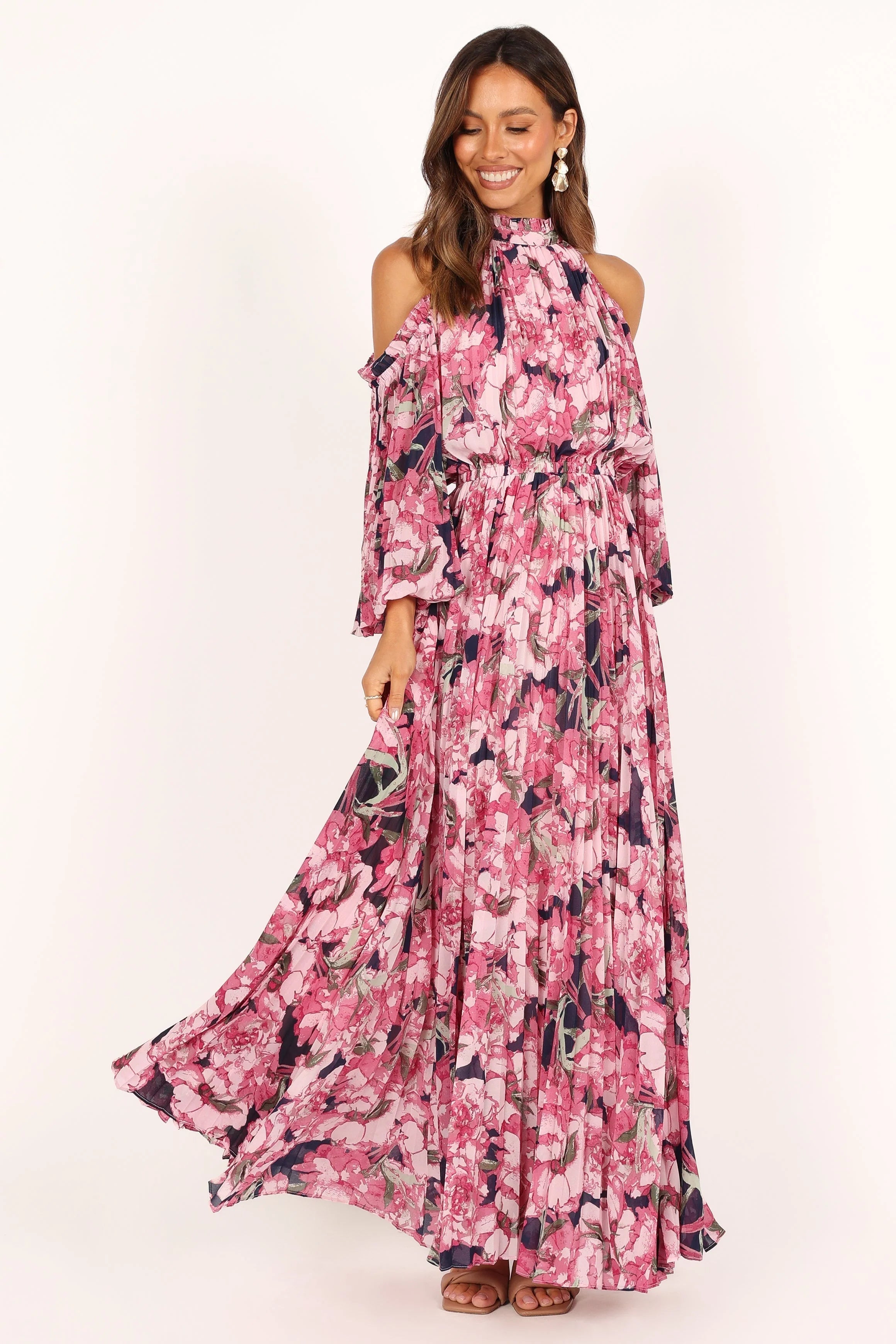 hilary pleated maxi dress - pink floral