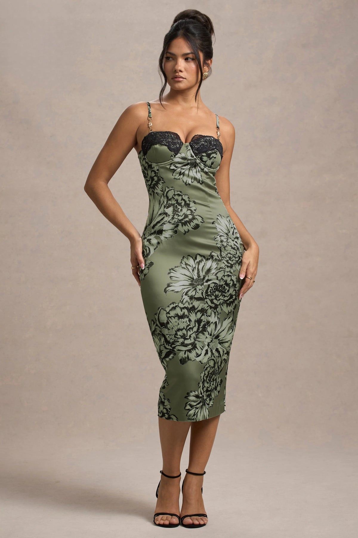 soprano | olive floral print satin sweetheart lace trim midi dress