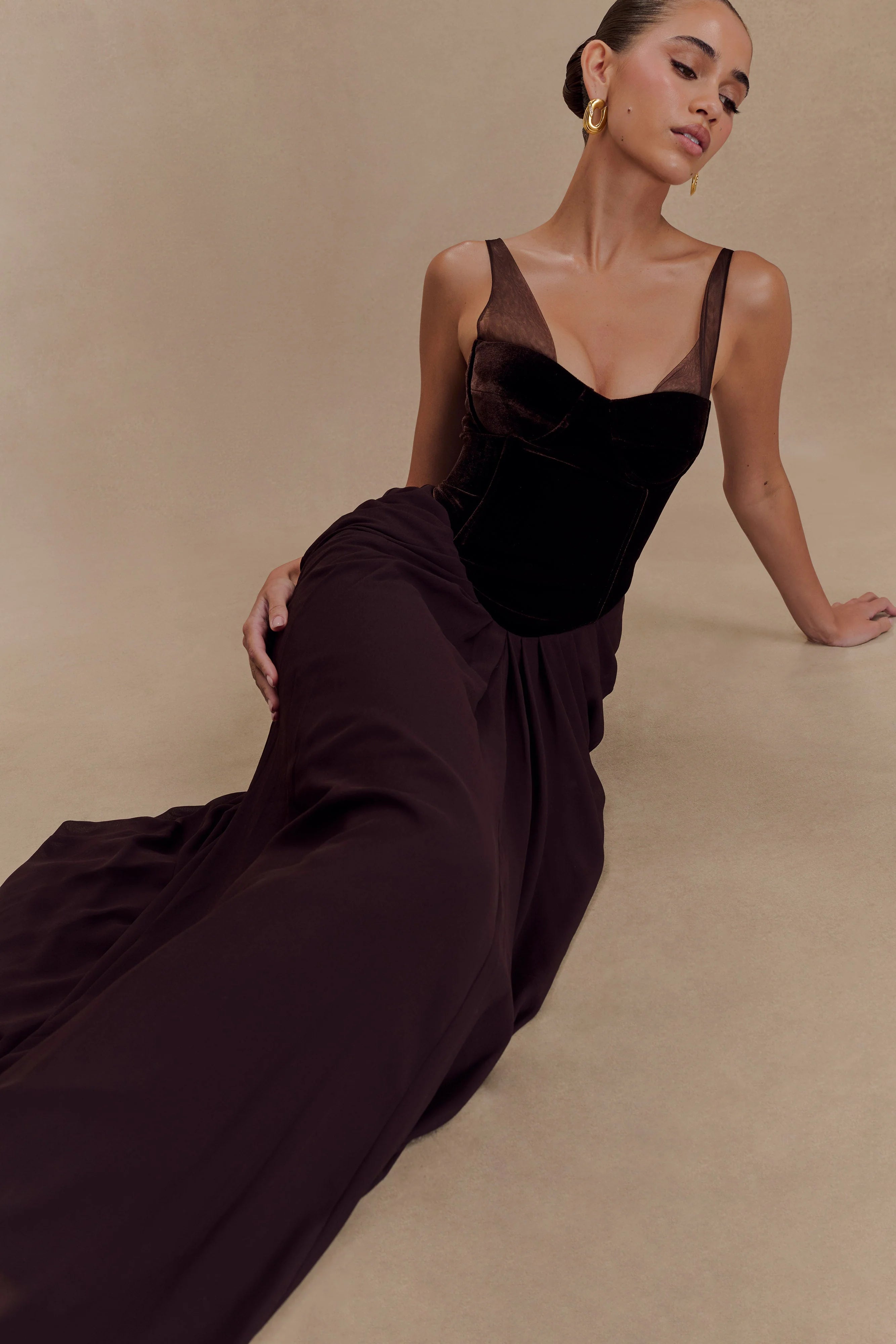 roxanne velvet corset maxi dress - cacao brown