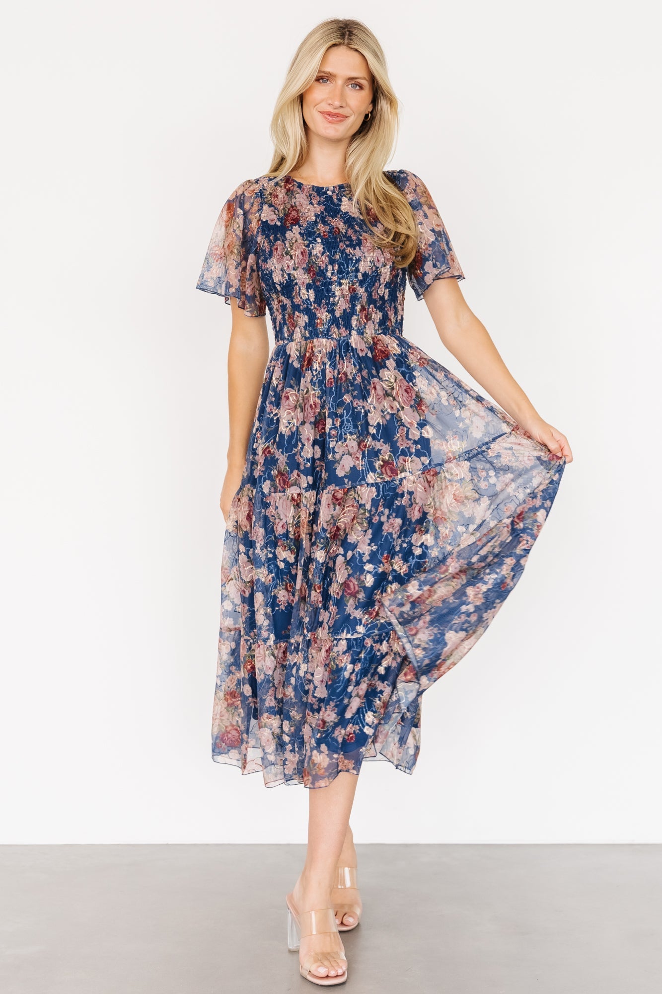 mara embroidered tulle dress | dark blue multi floral