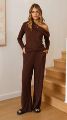 Harini Off Shoulder Long Sleeve Top and Pants Set - Chocolate