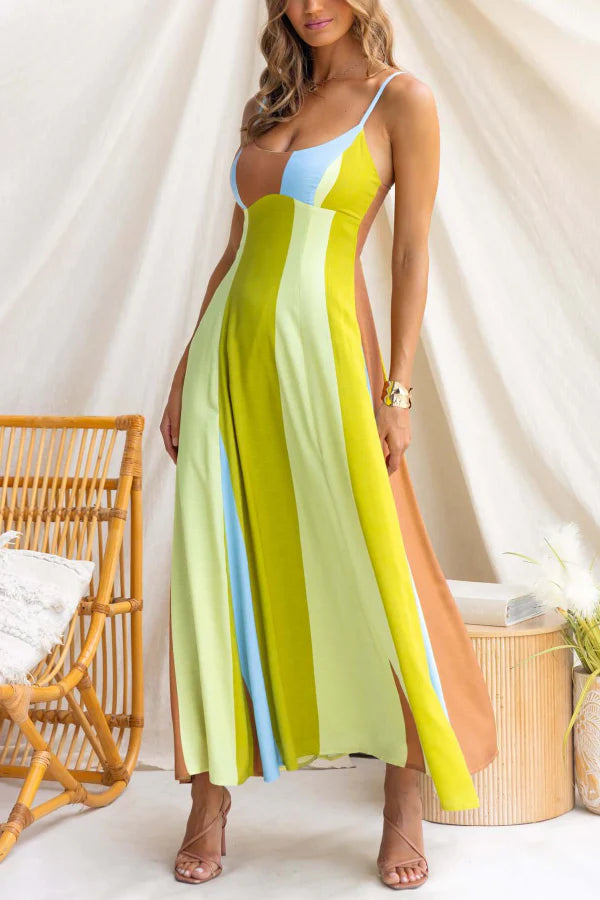Linen Blend Color-blocked Print Suspender Sleeveless Casual Pocket Maxi Dress